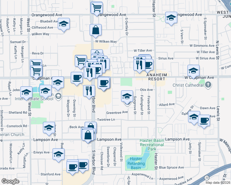map of restaurants, bars, coffee shops, grocery stores, and more near 12662 Falcon Lane in Garden Grove