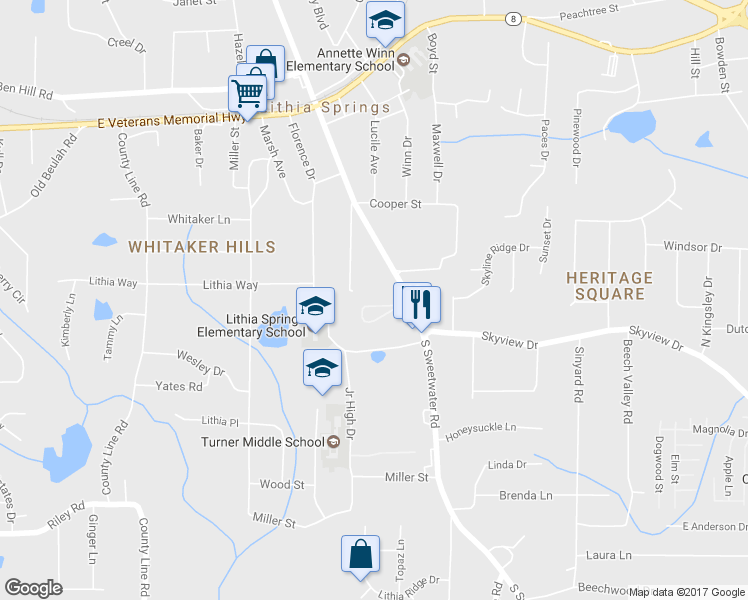 map of restaurants, bars, coffee shops, grocery stores, and more near 2570 Rosehill Cir in Lithia Springs
