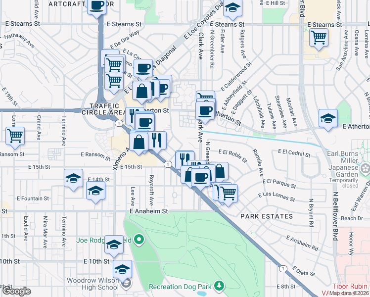 map of restaurants, bars, coffee shops, grocery stores, and more near 1610 Park Avenue in Long Beach