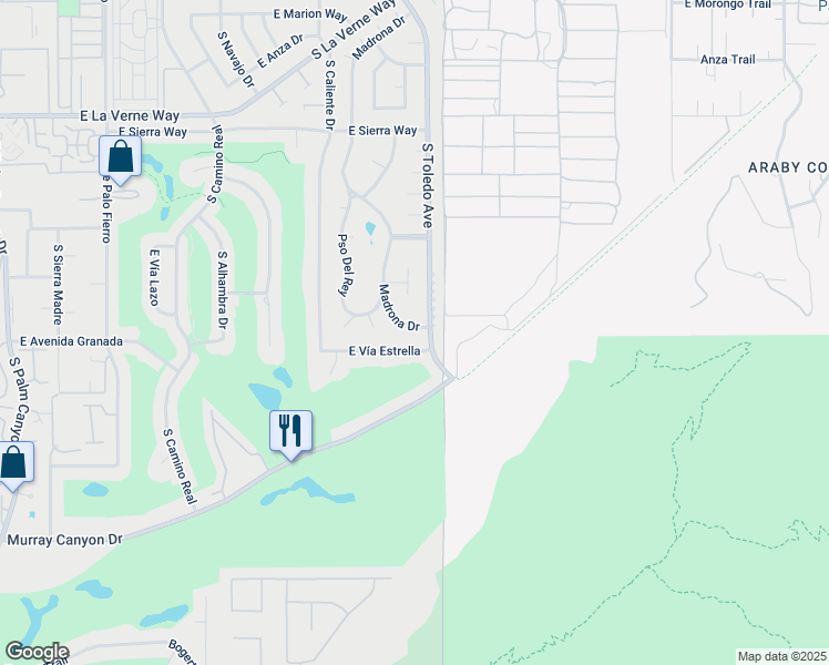 map of restaurants, bars, coffee shops, grocery stores, and more near 2485 South Madrona Drive in Palm Springs