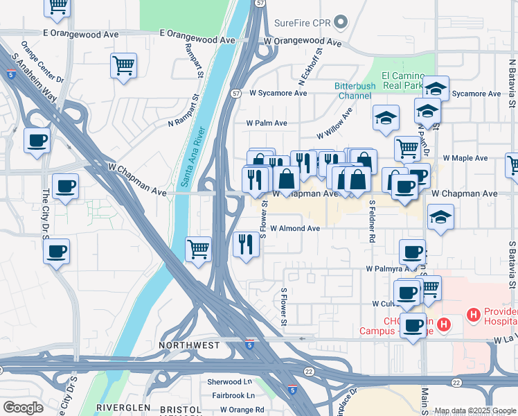 map of restaurants, bars, coffee shops, grocery stores, and more near 2318 West Chapman Avenue in Orange