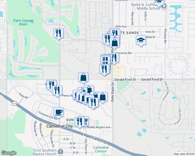 map of restaurants, bars, coffee shops, grocery stores, and more near 35951 Pso Circulo West in Cathedral City