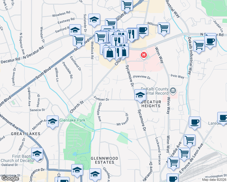 map of restaurants, bars, coffee shops, grocery stores, and more near 222 Forkner Drive in Decatur