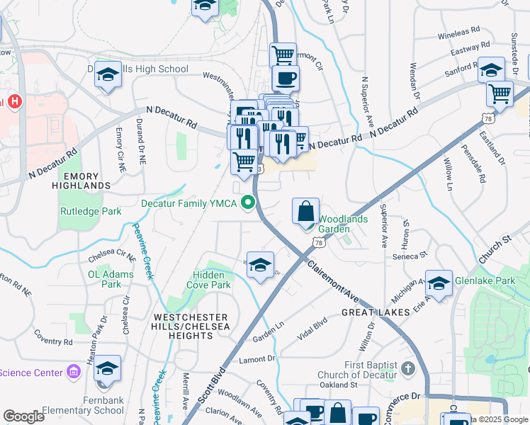 map of restaurants, bars, coffee shops, grocery stores, and more near 1105 Clairemont Avenue in Decatur