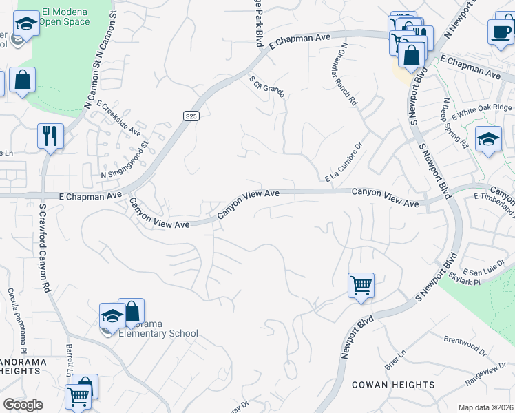 map of restaurants, bars, coffee shops, grocery stores, and more near 6633 East Pinnacle Pointe in Orange