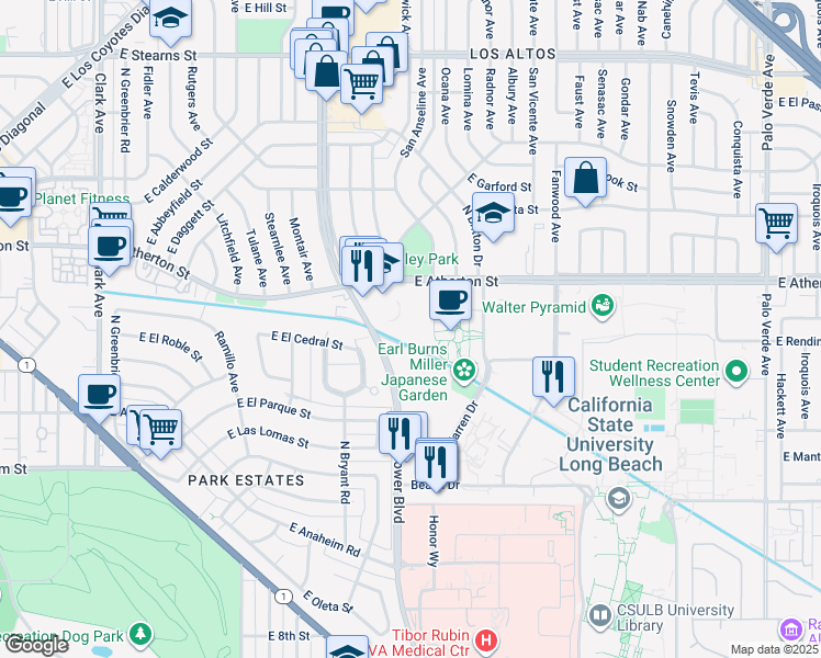 map of restaurants, bars, coffee shops, grocery stores, and more near 5620 East Atherton Street in Long Beach