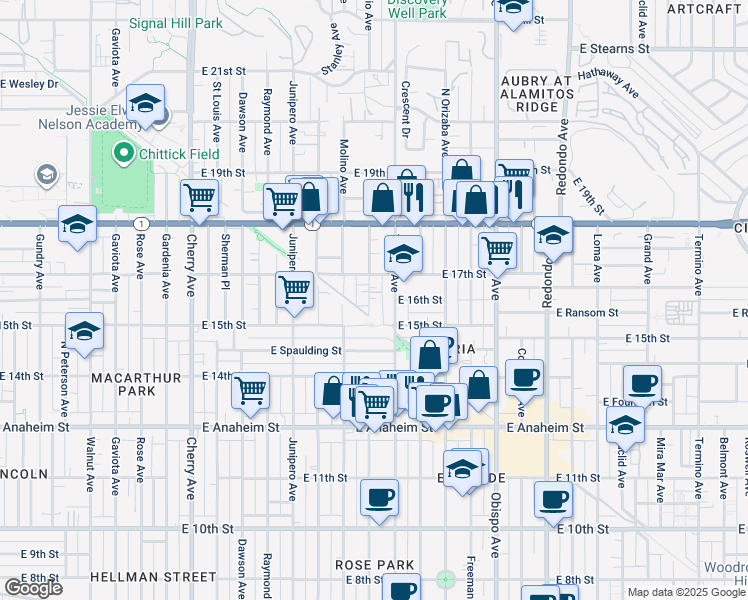 map of restaurants, bars, coffee shops, grocery stores, and more near 1542 Ohio Avenue in Long Beach