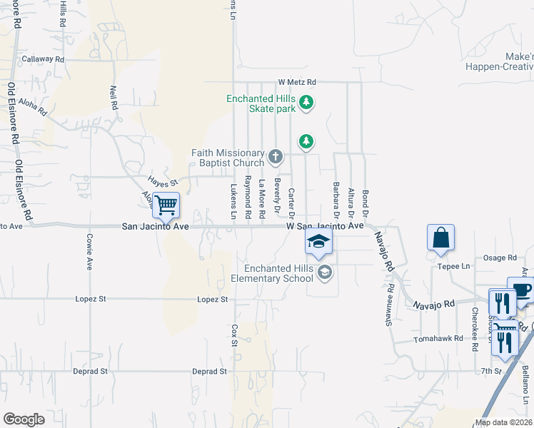 map of restaurants, bars, coffee shops, grocery stores, and more near 22926 La More Road in Perris