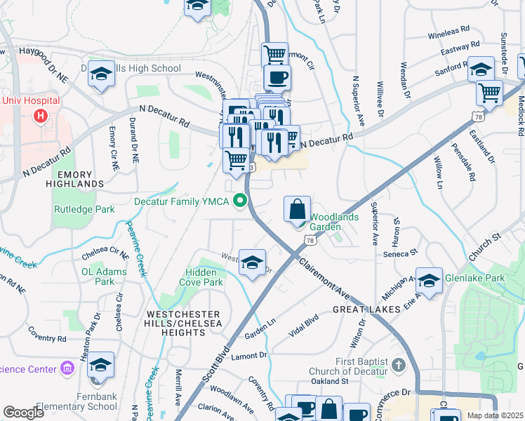 map of restaurants, bars, coffee shops, grocery stores, and more near 1115 Clairemont Avenue in Decatur