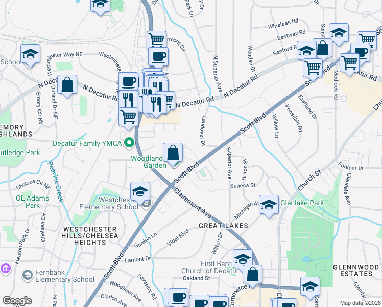 map of restaurants, bars, coffee shops, grocery stores, and more near 311 Scott Boulevard in Decatur