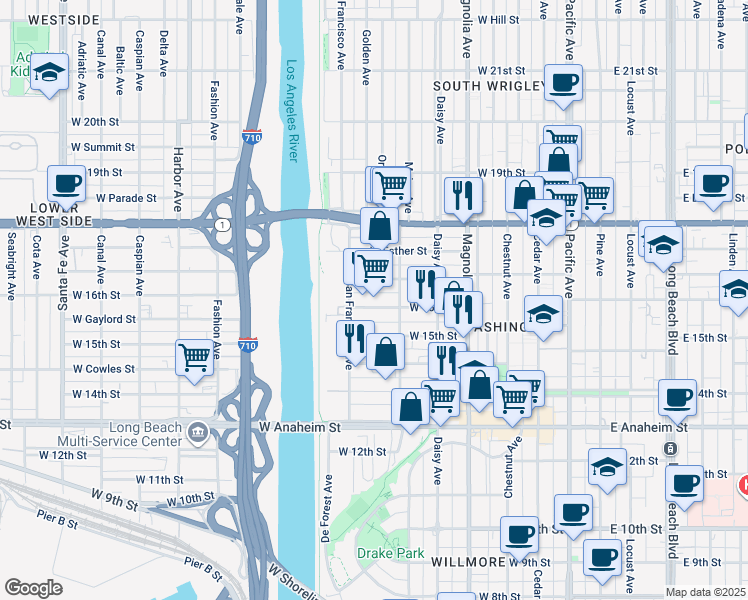 map of restaurants, bars, coffee shops, grocery stores, and more near 704 W 17th St in Long Beach