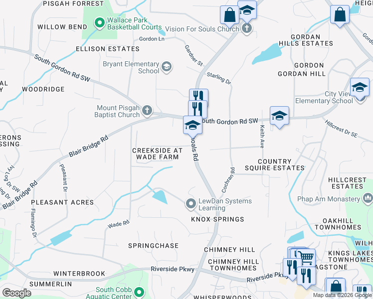 map of restaurants, bars, coffee shops, grocery stores, and more near 733 Wade Farm Drive in Austell