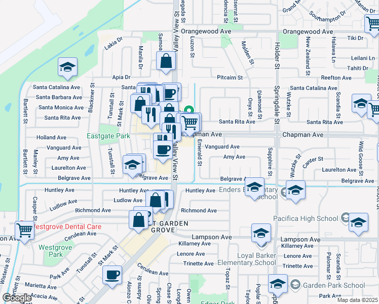 map of restaurants, bars, coffee shops, grocery stores, and more near 12062 Valley View St in Garden Grove