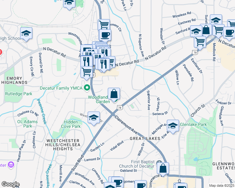 map of restaurants, bars, coffee shops, grocery stores, and more near 311 Scott Boulevard in Decatur