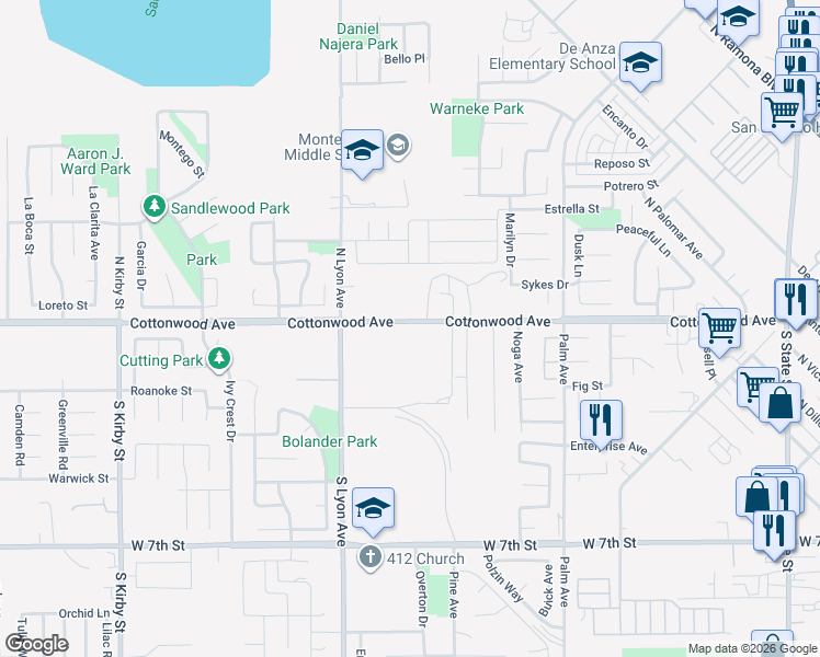 map of restaurants, bars, coffee shops, grocery stores, and more near 1410 Cottonwood Avenue in San Jacinto
