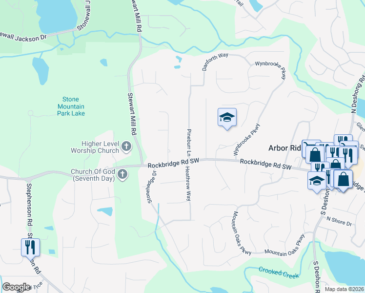 map of restaurants, bars, coffee shops, grocery stores, and more near 400 Pineburr Ln in Stone Mountain