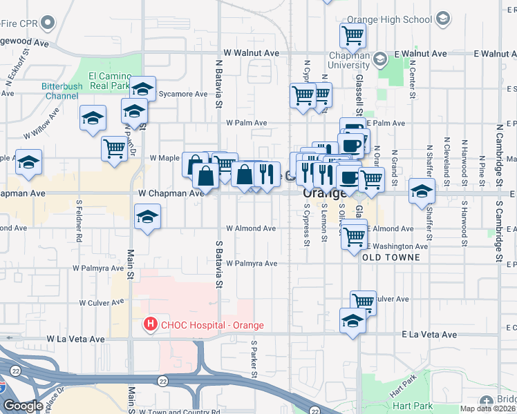 map of restaurants, bars, coffee shops, grocery stores, and more near 129 South Parker Street in Orange