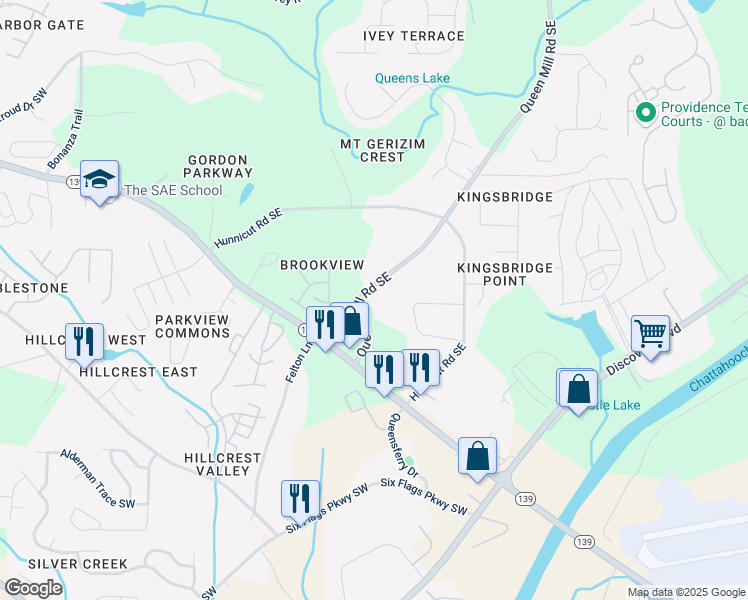 map of restaurants, bars, coffee shops, grocery stores, and more near 6835 Queen Mill Road Southeast in Mableton
