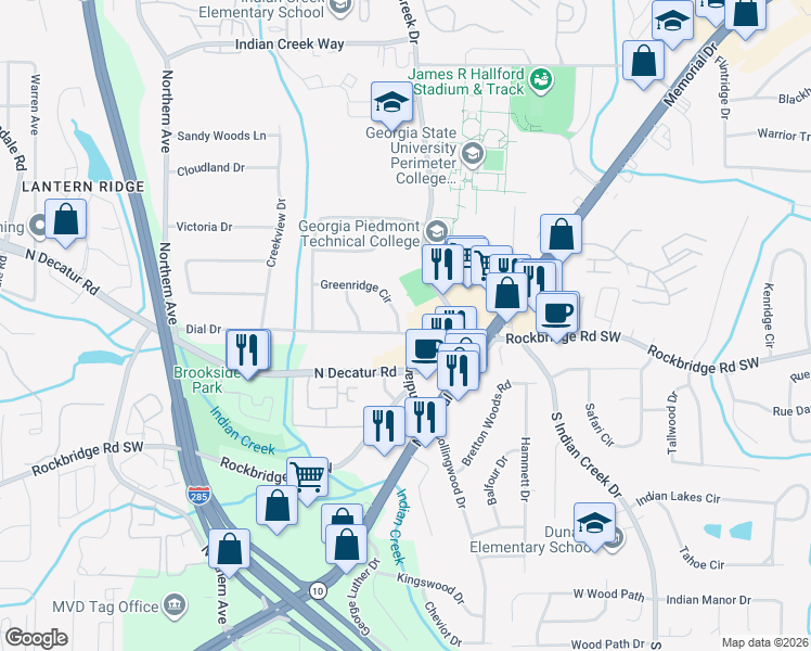 map of restaurants, bars, coffee shops, grocery stores, and more near 3728 Dial Drive in Stone Mountain