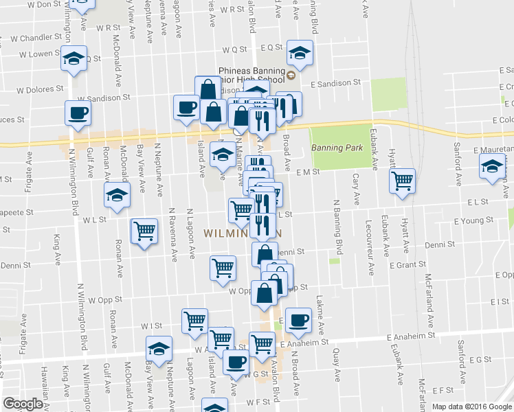 map of restaurants, bars, coffee shops, grocery stores, and more near 1201 North Avalon Boulevard in Los Angeles