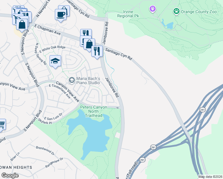 map of restaurants, bars, coffee shops, grocery stores, and more near 145 South Cross Creek Road in Orange
