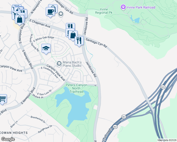 map of restaurants, bars, coffee shops, grocery stores, and more near 145 South Cross Creek Road in Orange