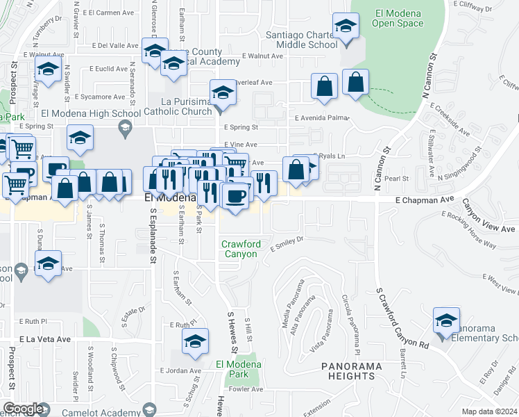 map of restaurants, bars, coffee shops, grocery stores, and more near 4750 East Chapman Avenue in Orange