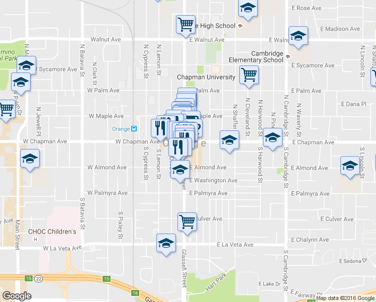 map of restaurants, bars, coffee shops, grocery stores, and more near 100 West Chapman Avenue in Orange