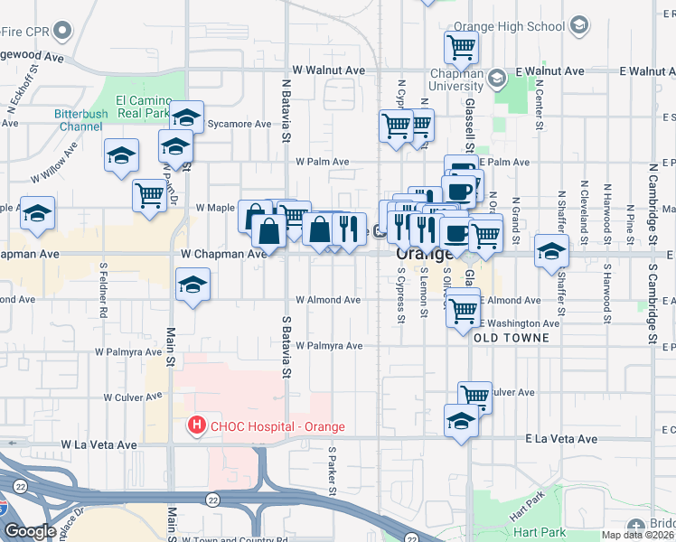 map of restaurants, bars, coffee shops, grocery stores, and more near 129 South Parker Street in Orange