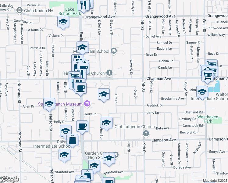 map of restaurants, bars, coffee shops, grocery stores, and more near 12082 Ora Street in Garden Grove