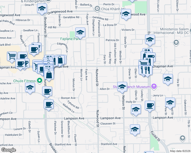 map of restaurants, bars, coffee shops, grocery stores, and more near 10521 Paladium Avenue in Garden Grove