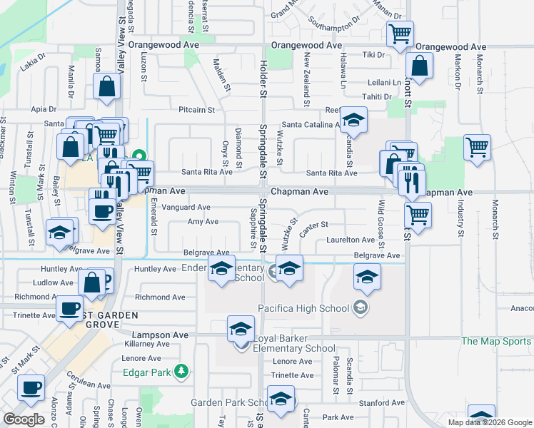 map of restaurants, bars, coffee shops, grocery stores, and more near 12072 Sapphire Street in Garden Grove