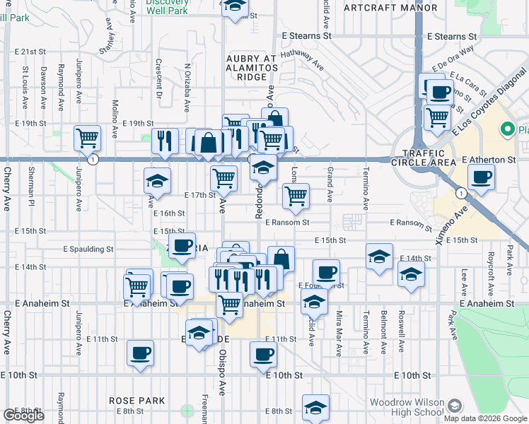 map of restaurants, bars, coffee shops, grocery stores, and more near 1650 Redondo Avenue in Long Beach