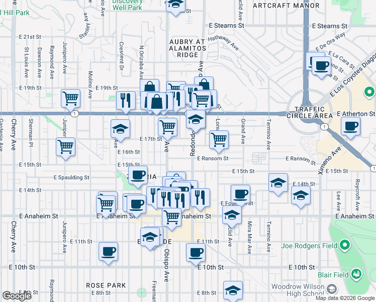 map of restaurants, bars, coffee shops, grocery stores, and more near 1625 Redondo Avenue in Long Beach