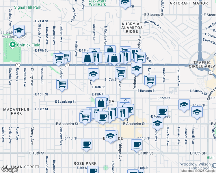 map of restaurants, bars, coffee shops, grocery stores, and more near 1612 North Orizaba Avenue in Long Beach