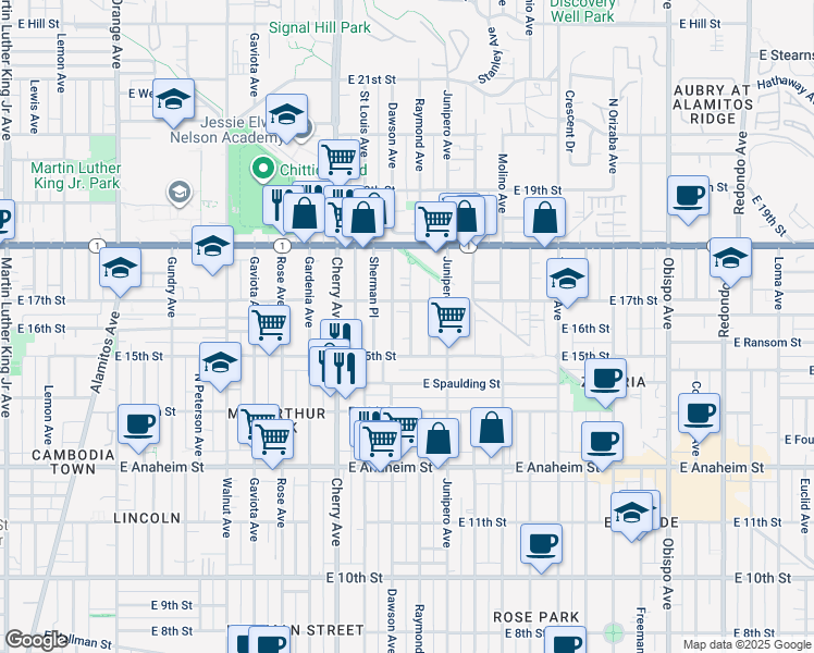 map of restaurants, bars, coffee shops, grocery stores, and more near 1624 Sherman Place in Long Beach