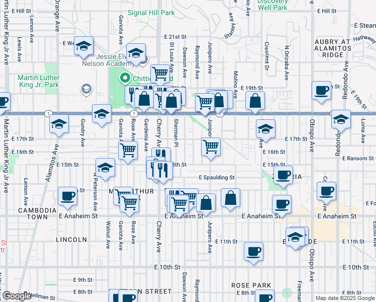map of restaurants, bars, coffee shops, grocery stores, and more near 1624 Sherman Place in Long Beach