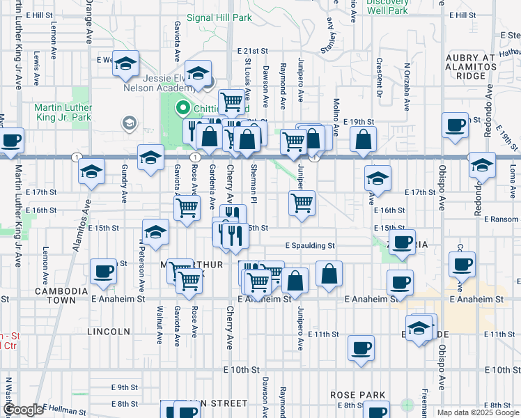 map of restaurants, bars, coffee shops, grocery stores, and more near 1624 Sherman Place in Long Beach