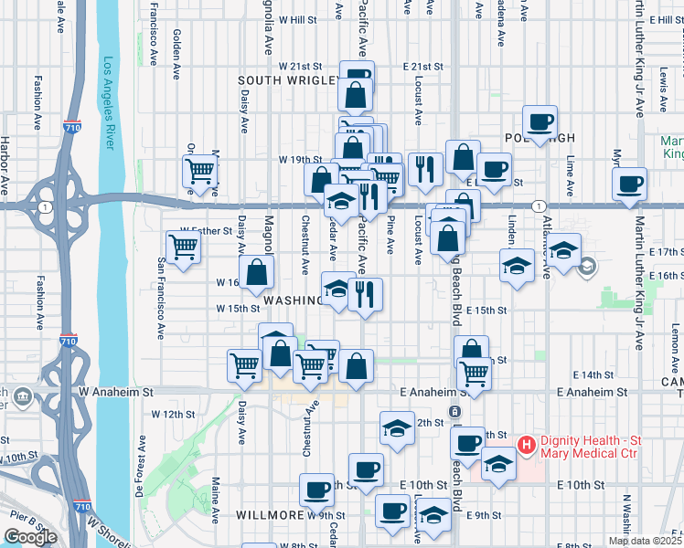 map of restaurants, bars, coffee shops, grocery stores, and more near in Long Beach