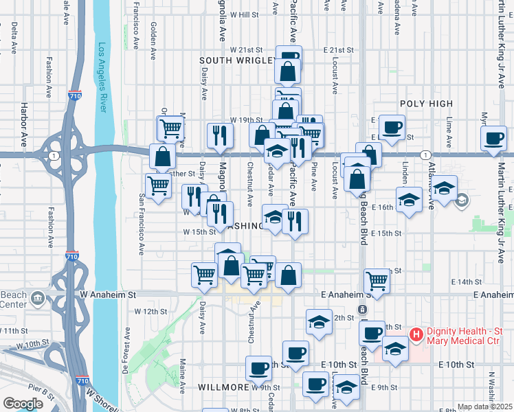 map of restaurants, bars, coffee shops, grocery stores, and more near 1615 Cedar Avenue in Long Beach