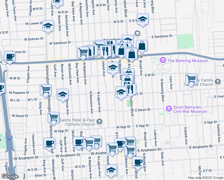 map of restaurants, bars, coffee shops, grocery stores, and more near 1229 North Fries Avenue in Los Angeles