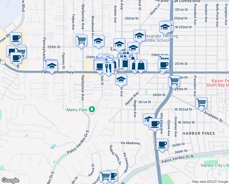 map of restaurants, bars, coffee shops, grocery stores, and more near 2025 259th Place in Lomita