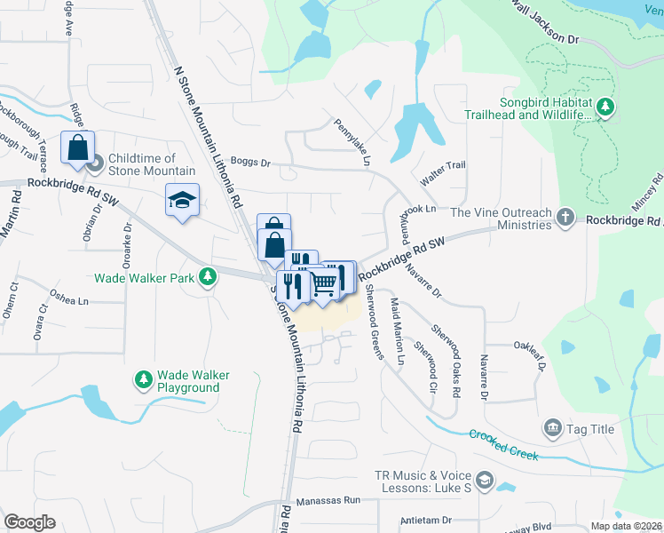 map of restaurants, bars, coffee shops, grocery stores, and more near 5746 Rockbridge Rd in Stone Mountain