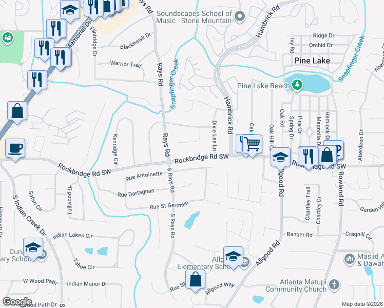 map of restaurants, bars, coffee shops, grocery stores, and more near 4342 Rockbridge Road Southwest in Stone Mountain