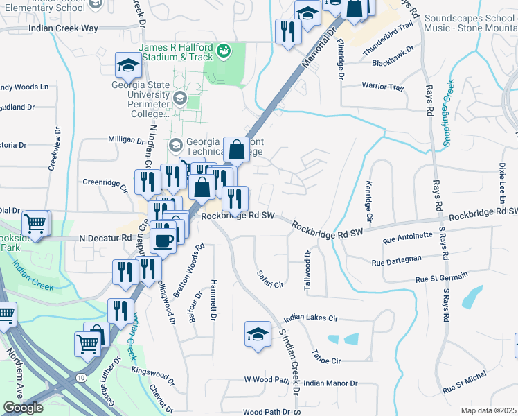 map of restaurants, bars, coffee shops, grocery stores, and more near 553 Rockbridge Trail in Stone Mountain