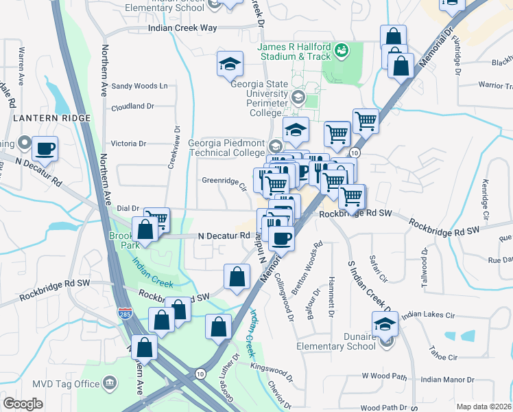 map of restaurants, bars, coffee shops, grocery stores, and more near 3728 Dial Drive in Stone Mountain