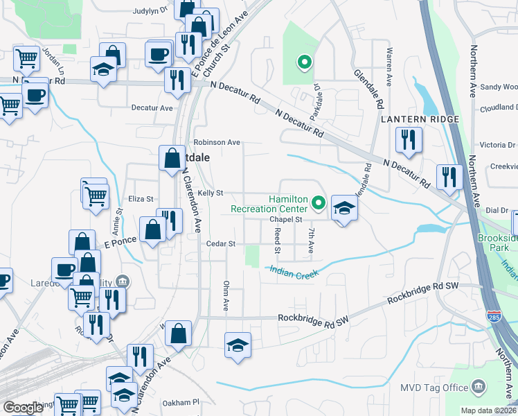 map of restaurants, bars, coffee shops, grocery stores, and more near 3174 Zion Street in Scottdale