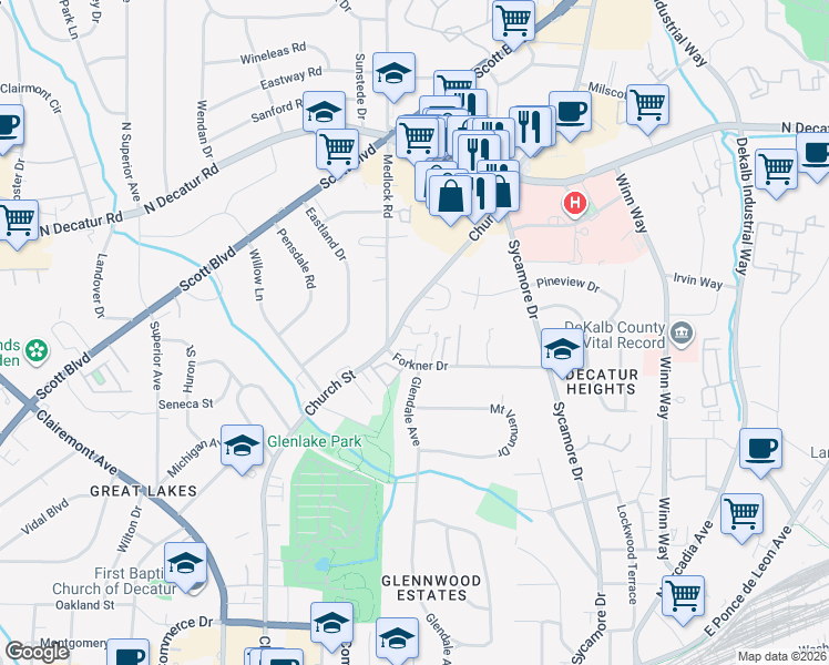 map of restaurants, bars, coffee shops, grocery stores, and more near 1335 Church Street in Decatur