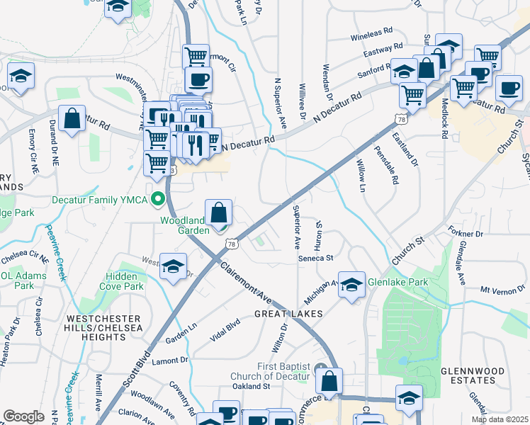 map of restaurants, bars, coffee shops, grocery stores, and more near 1020 Scott Boulevard in Decatur