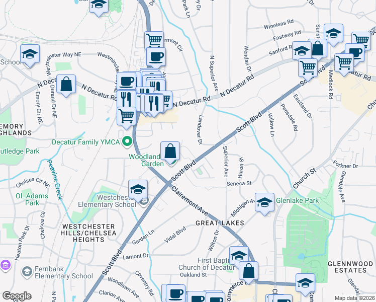 map of restaurants, bars, coffee shops, grocery stores, and more near 1010 Scott Boulevard in Decatur
